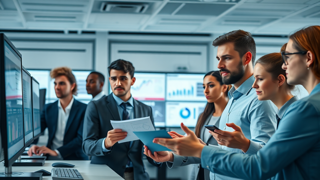 Diverse UK professionals browsing niche affiliate dashboards for finance, health, tech, modern workspace with screens displaying industry niches