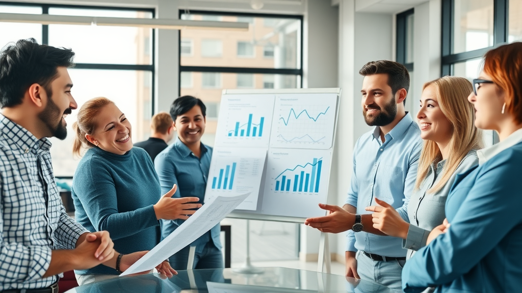 Growth-focused affiliate team brainstorming scaling strategies, graphs and automation tools, coworking office with energetic atmosphere