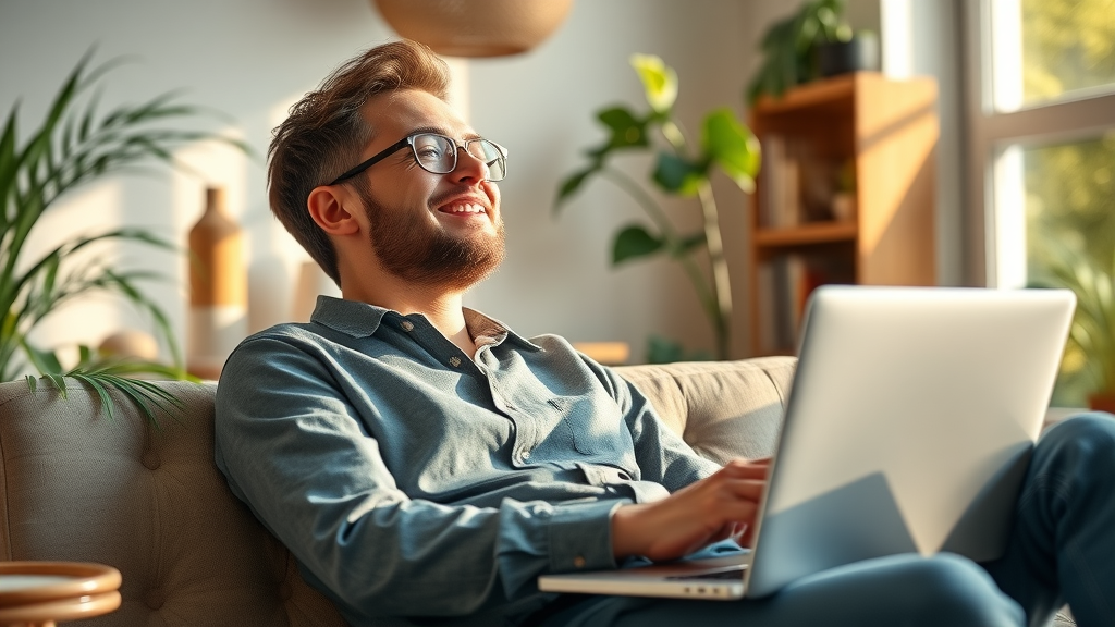 Motivated affiliate marketer watching passive income rise on earnings graph, peaceful home, plants and bookshelves, soft sunlight