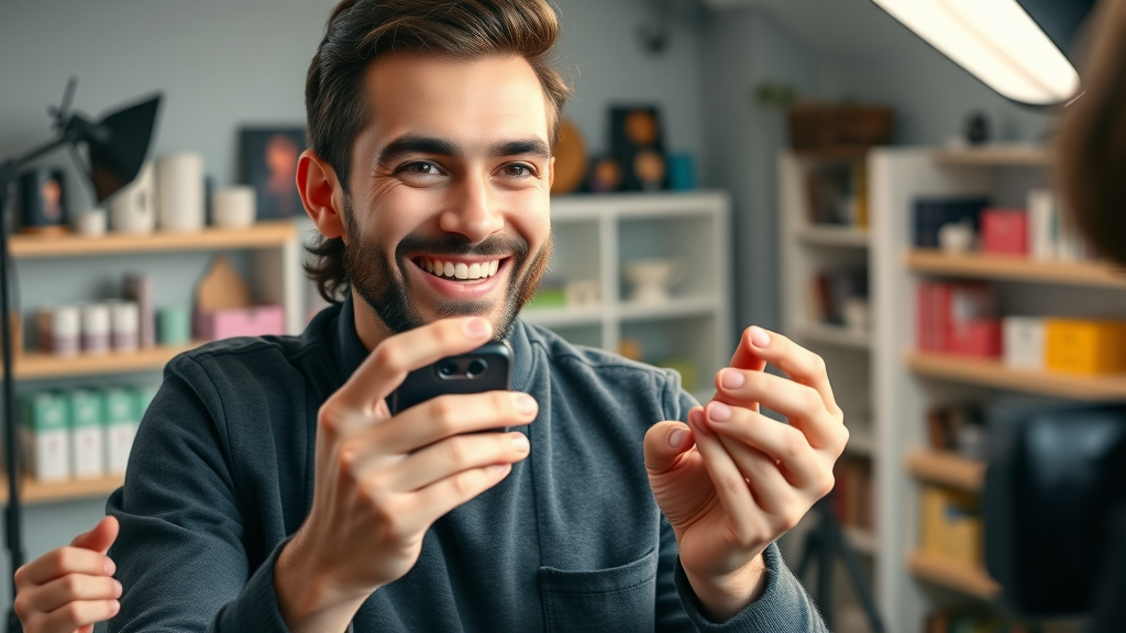 Enthusiastic blogger recording affiliate product review, holding tech gadget, with professional lighting and engaged audience, vibrant colour home studio