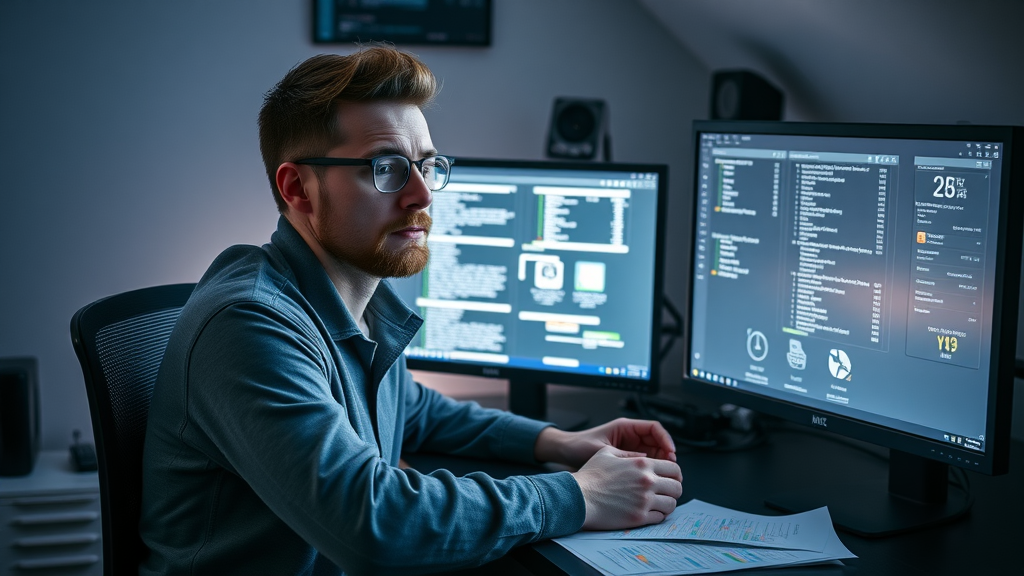 UK tech blogger researching web hosting affiliate programs, server diagrams, dual monitors, contemporary desk