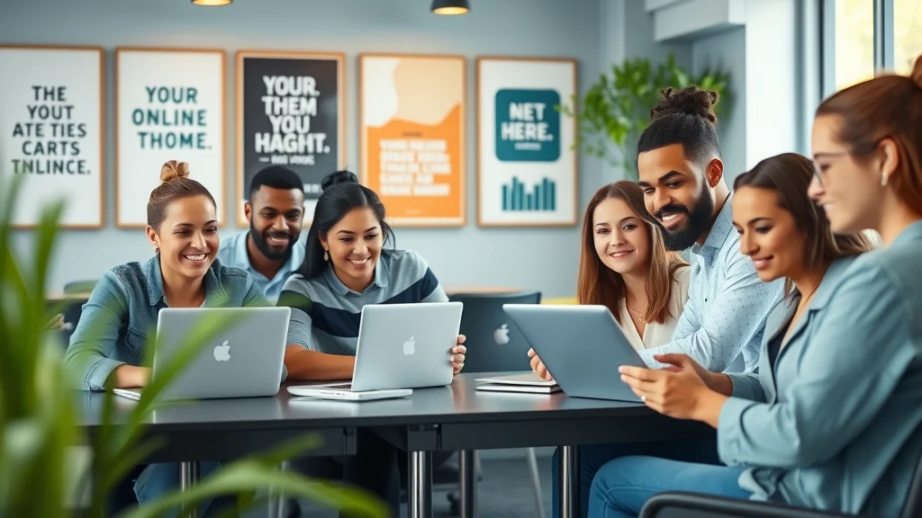 master affiliate profits make money online system group collaboration, diverse online marketers in a modern coworking space around digital screens, supportive environment