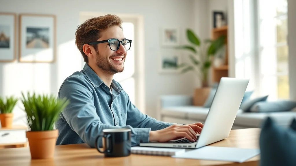 Bright home office workspace for how to make money online working from home: Inspired, focused young adult smiling while using a laptop at a modern desk in a sunny, neat living room with coffee mug, potted plant, and notepad under natural daylight.