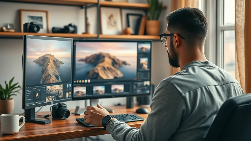 Stock photographer's home editing studio: Creator reviewing landscape and portrait images on dual monitors, with camera gear and coffee mug in background, under warm window light.