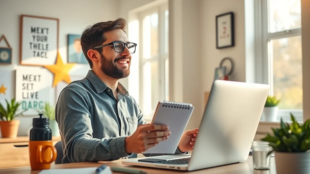 Uplifting next step home office for beginning online jobs: Encouraged person closing laptop, reaching for notebook in sunlit workspace with motivational decor and potted plant.