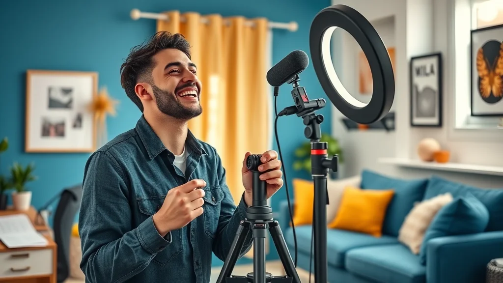 Aspiring YouTuber's home studio: Creative video creator laughing happily while adjusting camera in modern living room with desktop mic and storyboard notepad.