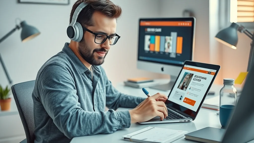 Digital product creator working online: Designer creating eBook cover and course slides on graphic tablet and laptop in a crisp, modern workspace with books and sticky notes.