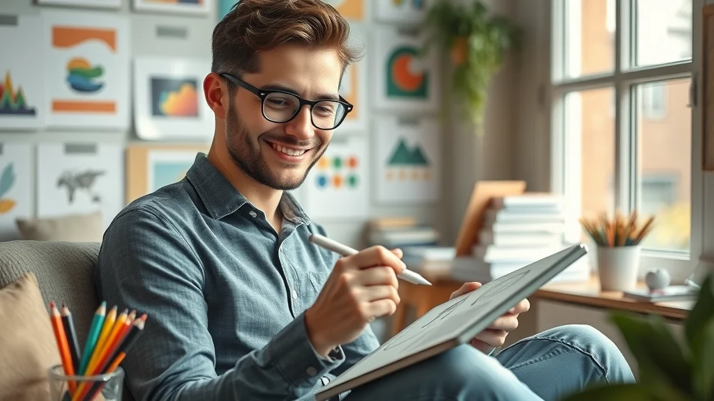 Creative graphic designer working from home: Designer smiling while sketching logo on digital tablet at cozy studio nook with art, sketchbook, and daylight from window.
