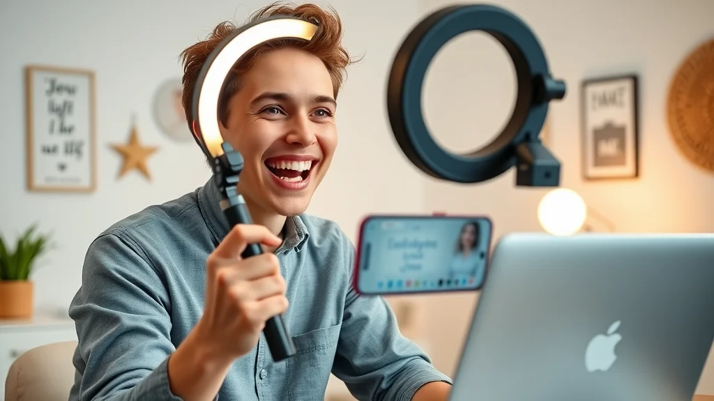 Enthusiastic young creator recording content for social media and YouTube channel growth to earn a living through affiliate marketing