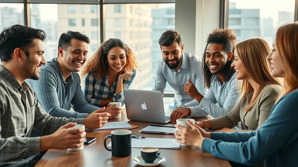 Diverse group of aspiring marketers discussing how to earn a living through affiliate marketing in a bright coworking space