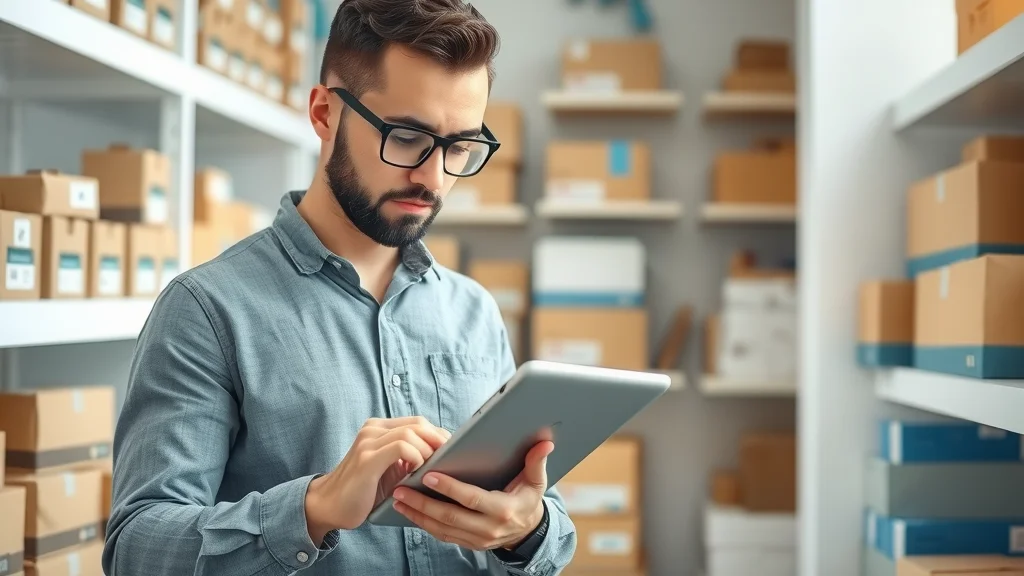 Modern e-commerce entrepreneur running online store from home: Focused individual comparing products and packaging options, managing orders with a tablet by organized inventory and shipping boxes.