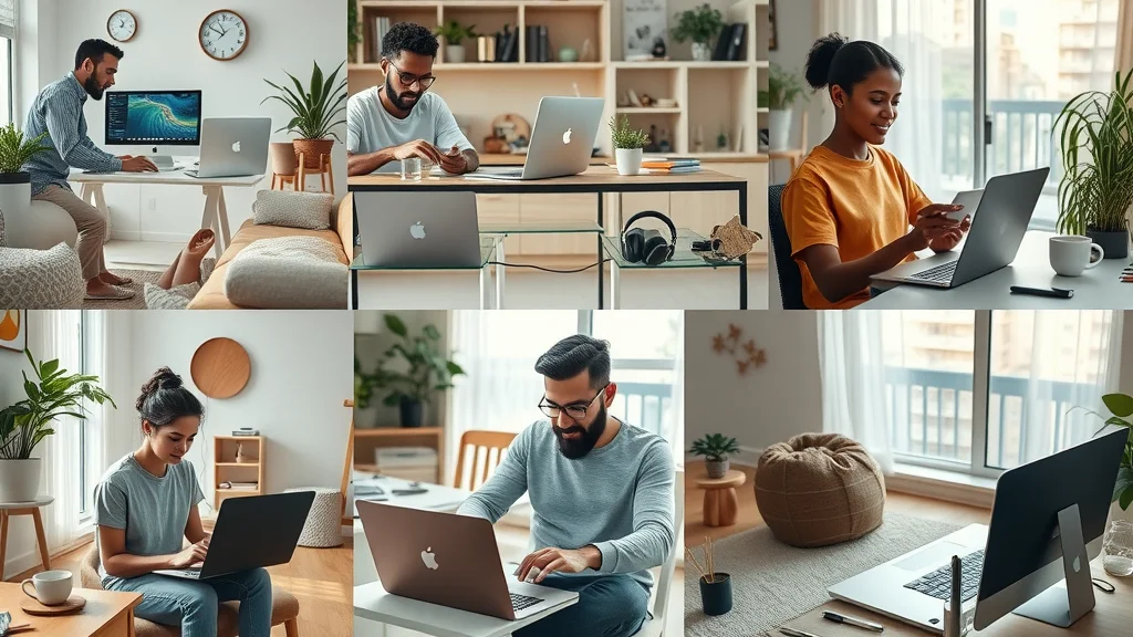 Collage of online work setups for ways to make money online working from home: Diverse, motivated individuals using computers, tablets, and phones in home environments, featuring everyday objects like notebooks, headphones, coffee, and art supplies.