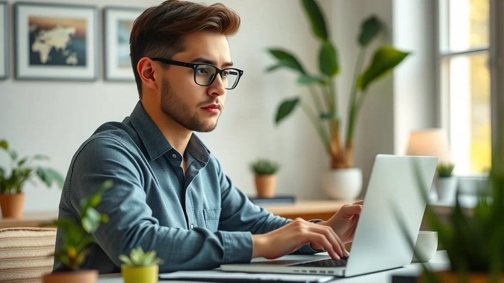 Confident young professional reviewing affiliate dashboards and analytics on a laptop to earn a living through affiliate marketing in a bright, modern workspace with plants