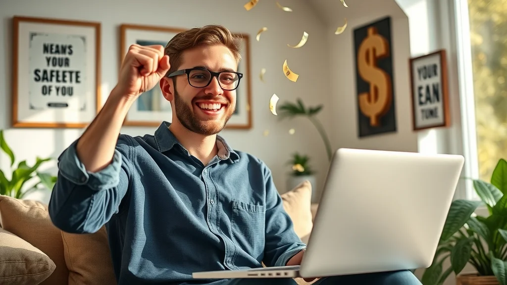 affiliate marketer celebrating ClickBank success in cozy workspace