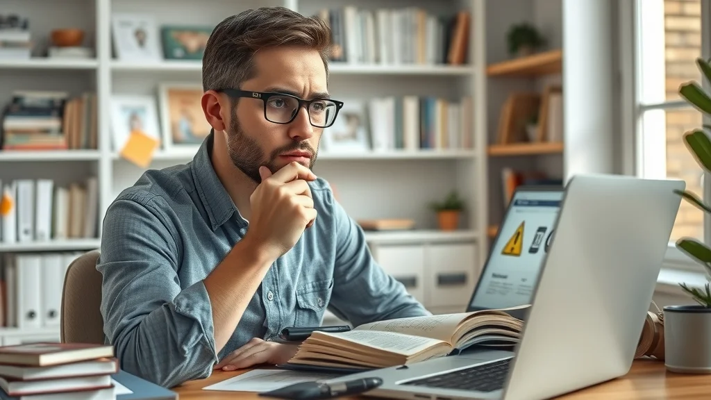 Thoughtful affiliate marketer reviewing common mistakes to avoid when trying to earn a living through affiliate marketing, learning from literature and analytics