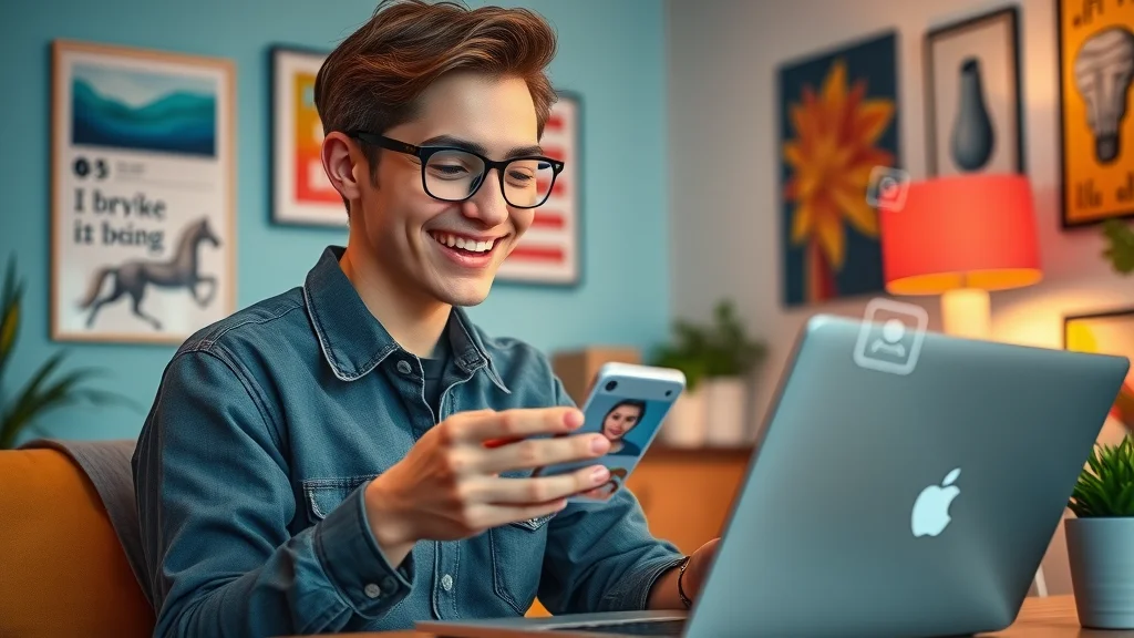 Trendy social media manager working online: Energetic adult checking notifications while designing graphics at a vibrant home workspace with decorative wall art and lively accent colors.