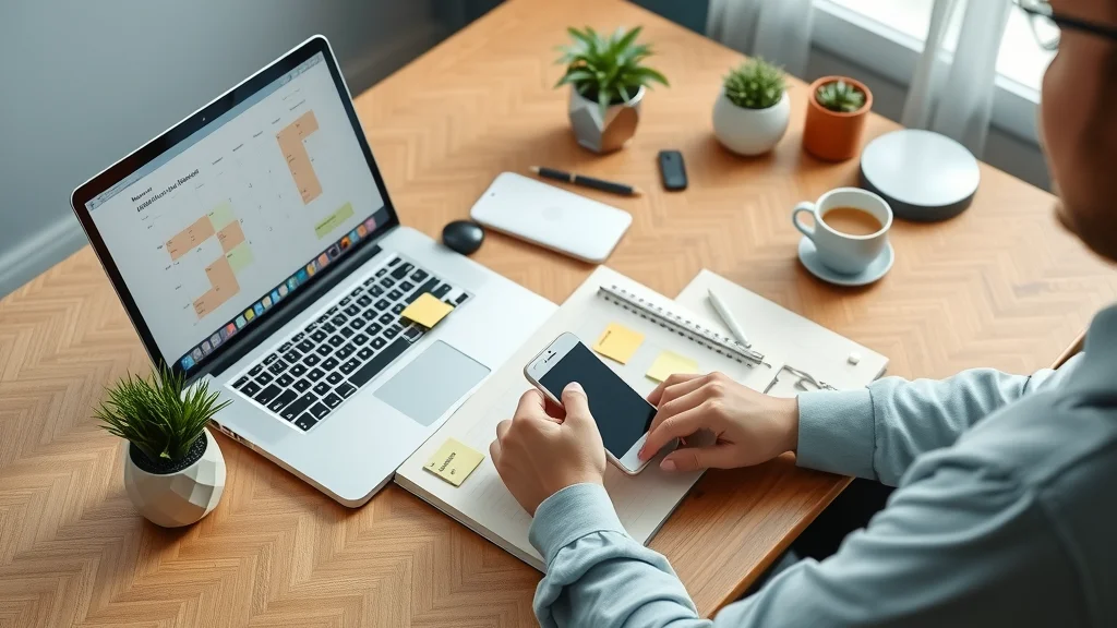 Organized virtual assistant workspace for online jobs: Calm, focused person multitasking with laptop, notepad, sticky notes, and smartphone on a parquet desk with an indoor plant and coffee under soft LED lighting.