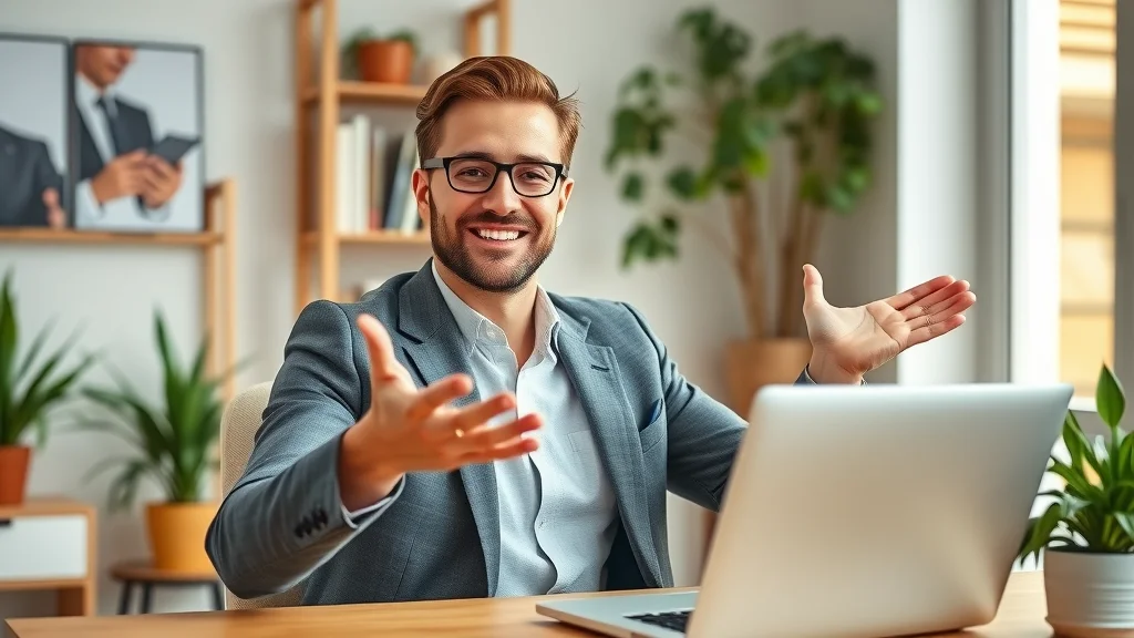 Confident digital marketing professional encouraging online jobs and work from home: Positive, encouraging adult gesturing with open hands at tidy desk with laptop, bookshelves, and greenery in airy home office.