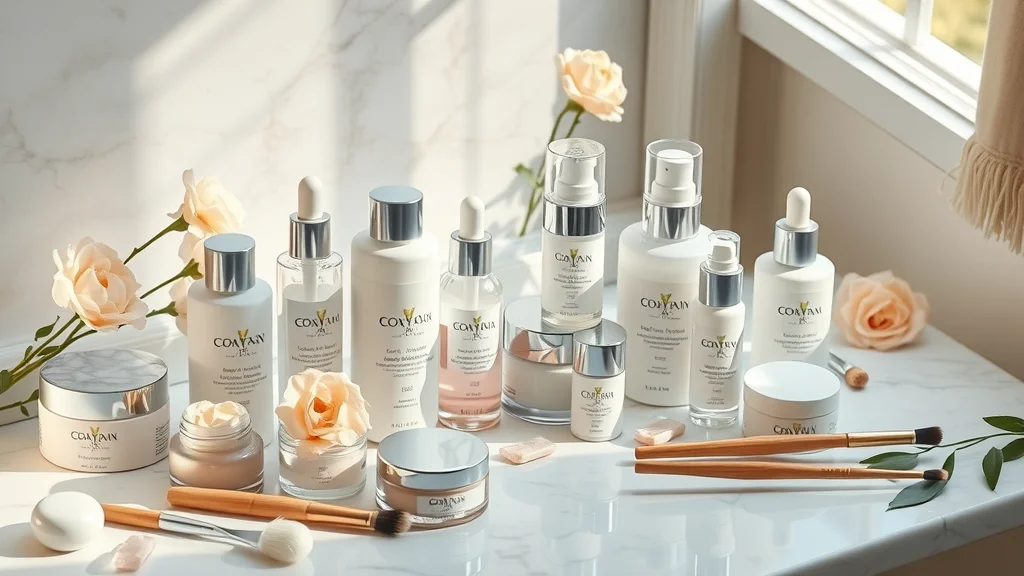Array of skincare and cosmetic items for beauty affiliate income, arranged on marble with flowers, showing how to earn a living through affiliate marketing